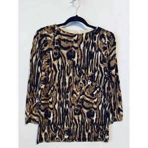 Talbots Sweater Womens Large Brown Animal Print Merino Wool Lightweight Boho